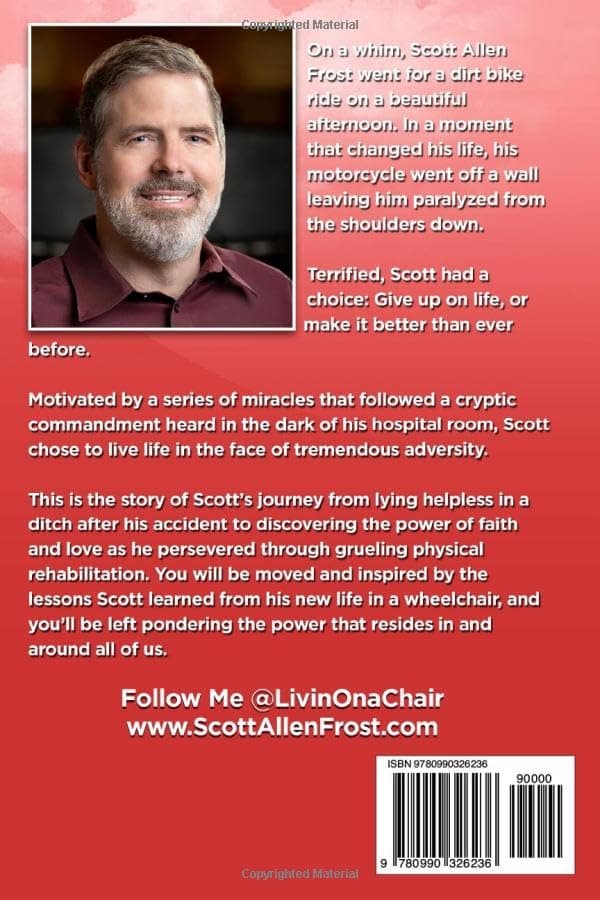 Back cover of Livin' On a Chair by Scott Allen Frost, with a portrait of Scott and a summary of the memoir.